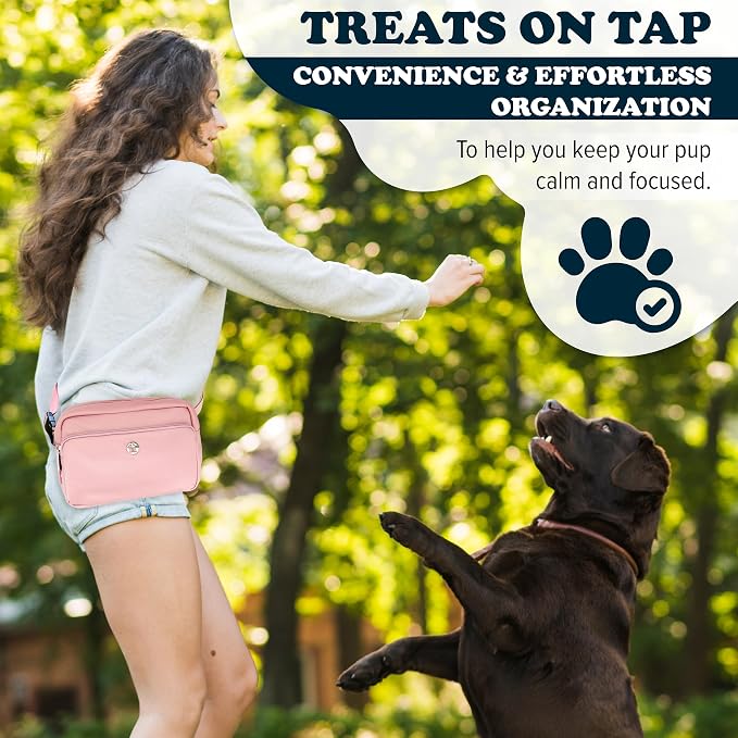 Puppington 3-in-1 Crossbody Dog Treat Pouch for Pet Training - Compostable Poop Bags, Built-In Poop Bag Dispenser, Slow-Feeding Travel Dog Bowl & Reflective Leash - Dog Walking Bag (Blush Pink)