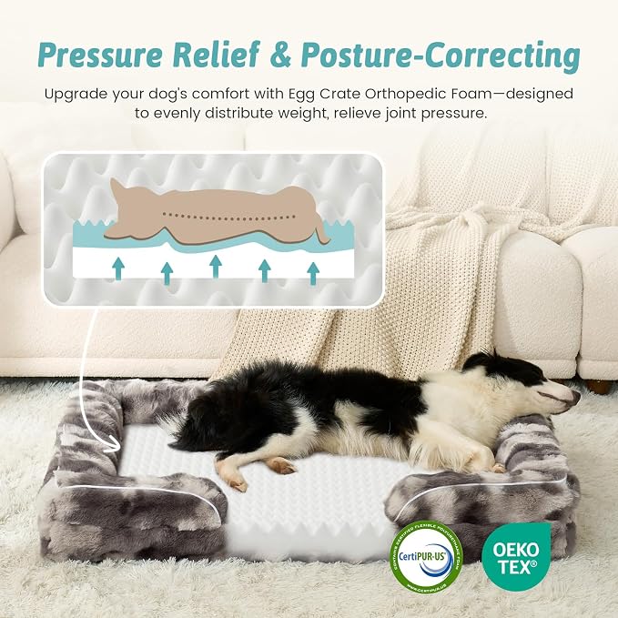 COZY KISS Faux Fur Orthopedic Dog Bed Washable for Large Dogs, L Sized | Soft Warm Pet Sofa with Sides or Bolster, Non-Slip and Big Dog Couch with Removable Waterproof Cover, 36x27 in, Tie Dye Grey