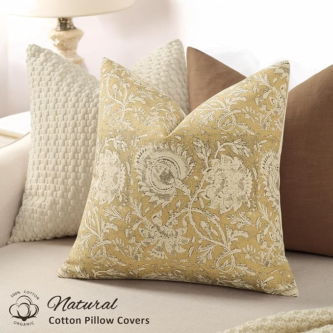 Vintage Floral Print Throw Pillow Covers 12x20 Set of 2 Neutral Modern Farmhouse Pillowcases Accent Decorative Cushion Covers Boho Home Decor for Couch Sofa Chair Bed Living Room, Yellow
