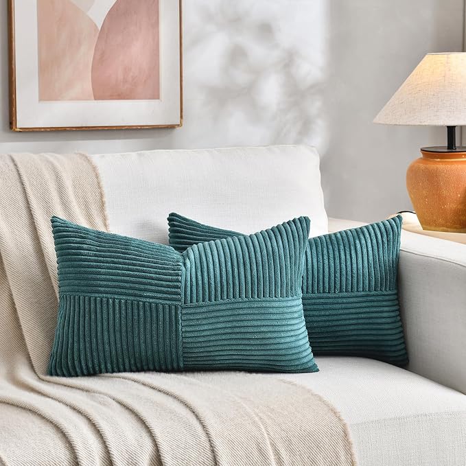 Fancy Homi Teal Lumbar Decorative Throw Pillow Covers 26x16 Inch for Living Room Couch Bed Sofa, Rustic Farmhouse Boho Home Decor, Soft Striped Corduroy Rectangle Accent Cushion Case 40x65 cm