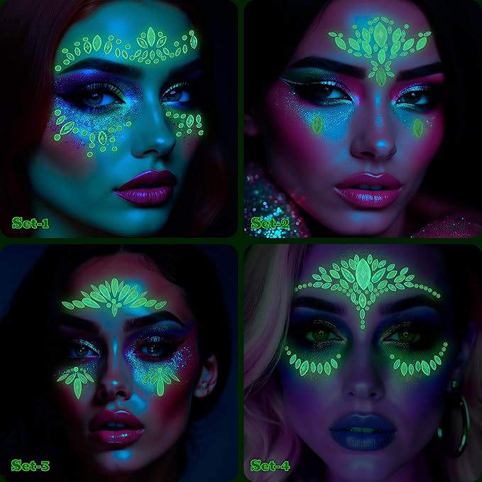 Face Gems Adhesive Glitter Jewel Tattoo Sticker Festival Gems Rave Party Body Make Up (GLOW IN THE DARK)