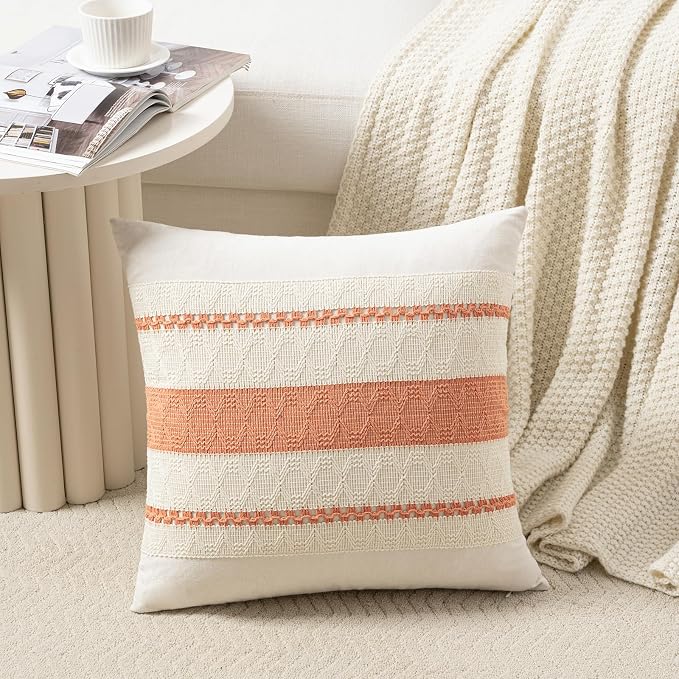 Fancy Homi Set of 2 Boho Coral Decorative Throw Pillow Cover 22x22 Inch for Couch Bed Sofa, Aesthetic Modern Organic Farmhouse Home Decor, Soft Cotton Cute Accent Macrame Woven Cushion Case