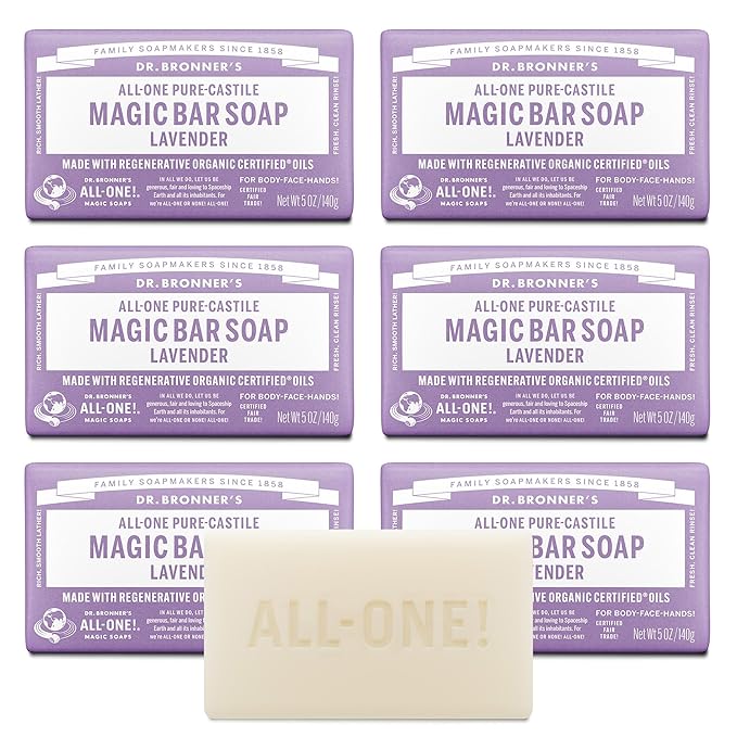 Dr. Bronner's Pure-Castile Magic Soap Bars (Lavender, 5 oz, 6-Pack)- Bath Soap with Regenerative Organic Certified Oils- For Face, Body & Hair - Gentle, Biodegradable, Vegan- Bar Soaps for Men & Women