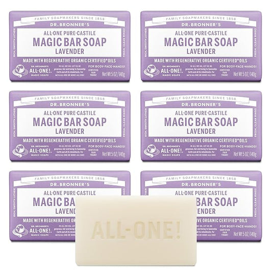Dr. Bronner's Pure-Castile Magic Soap Bars (Lavender, 5 oz, 6-Pack)- Bath Soap with Regenerative Organic Certified Oils- For Face, Body & Hair - Gentle, Biodegradable, Vegan- Bar Soaps for Men & Women