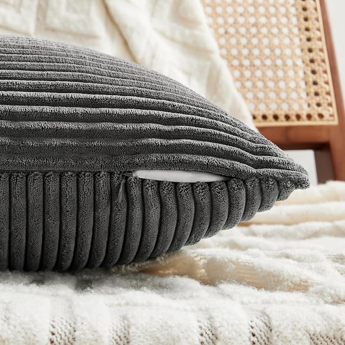 Fancy Homi Dark Gray Lumbar Decorative Throw Pillow Covers 20x28 Inch for Living Room Couch Bed Sofa, Farmhouse Home Decor, Soft Striped Corduroy Rectangle Accent Cushion Case 50x70 cm