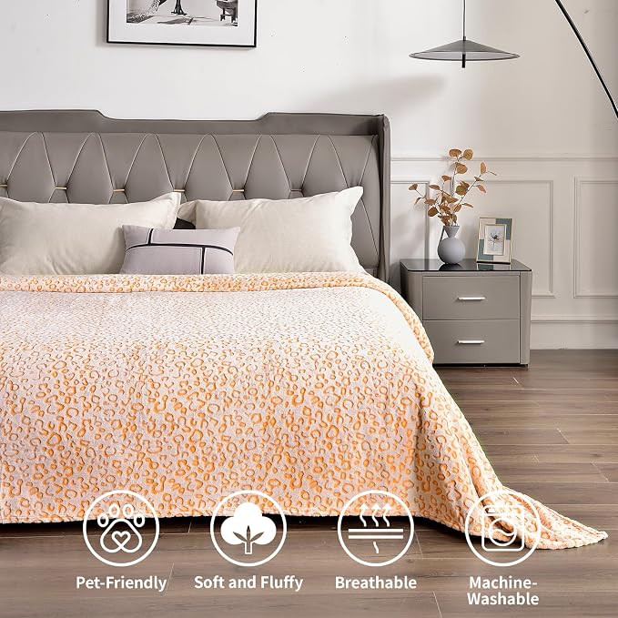 PLEASANT BOULEVARD | Leopard Throw Blanket Fleece, Premium Lightweight Cozy Warm Plush Microfiber Bedspread for Couch Sofa and Bed (Orange, Twin (60 x 80 inches))