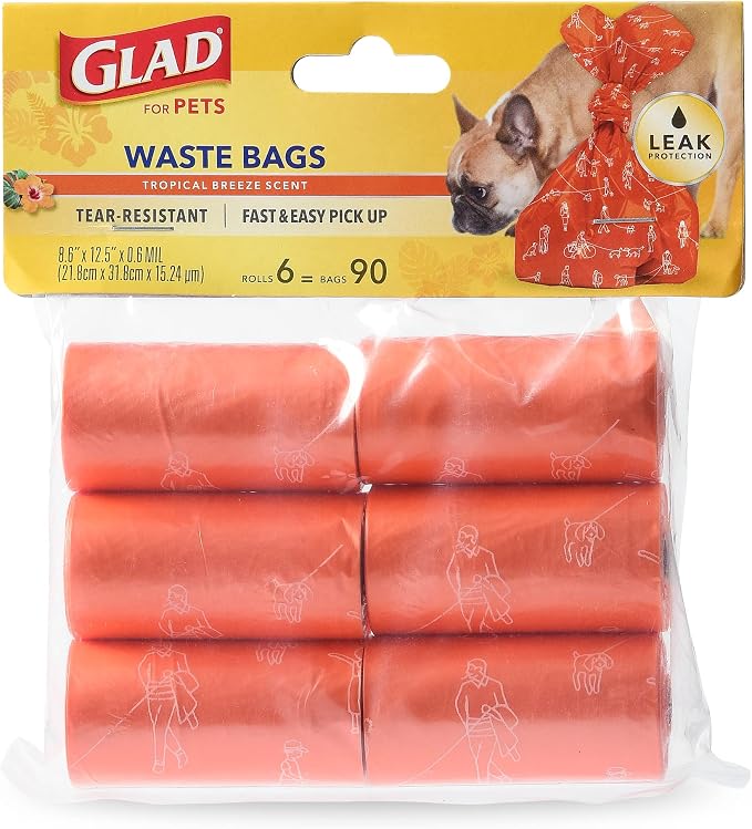 Glad for Pets Scented Dog Poop Bags, Tropical Breeze Scent, 90 Count | Leak-resistant, heavy duty, tear-resistant bags with fun print design, fits standard dispensers, 6 rolls