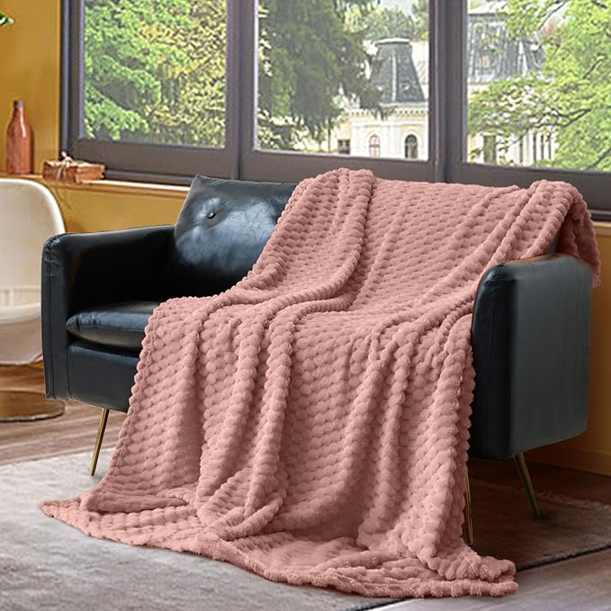 Vessia Flannel Fleece Twin Size Blanket(60x80 inch), 3D Jacquard Pink Fuzzy and Warm Blanket for Couch,Sofa,Bed,Chair, 300GSM Super Soft Touch Cozy Lightweight Home Decor for All-Season
