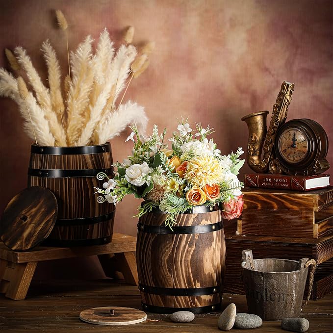 GlikCeil 4 Pcs Wood Wine Barrel Vase Vintage Flower Vase Container Rustic Barrel Planter for Wedding Reception Table Decoration Home Indoor Outdoor Garden Kitchen Party (8 x 6.5 Inch)