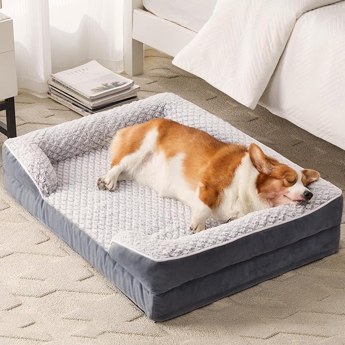 LEXTRO Orthopedic Dog Bed for Medium Dogs, Comfy Sleeping Dog Sofa Bed | Comfy Sleeping Dog Bed with Egg Crate Foam, Dog Sofa with Removable Cover, Waterproof Lining&Non-Slip Bottom, Gray