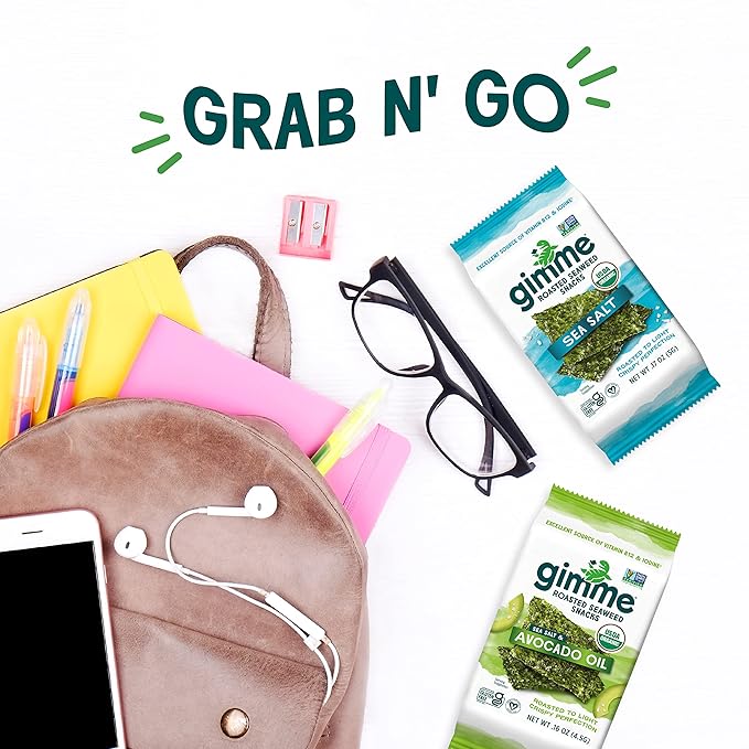 Gimme Seaweed Organic Premium Roasted Seaweed Snacks, Sea Salt & Avocado Oil, 6 Count, Keto, Vegan, Gluten-Free, Great Source of Omega3s and Iodine, Healthy On-The-Go Snack for Kids and Adults