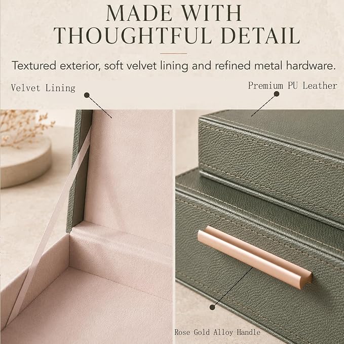 Decorative Box, Decorative Boxes with Lids 2-Set, Memory Box for Keepsakes | Beautiful PU Leather Decorative Storage Boxes in Style, Decor Box with Rose Metal Handle, Store Photos, Documents Green