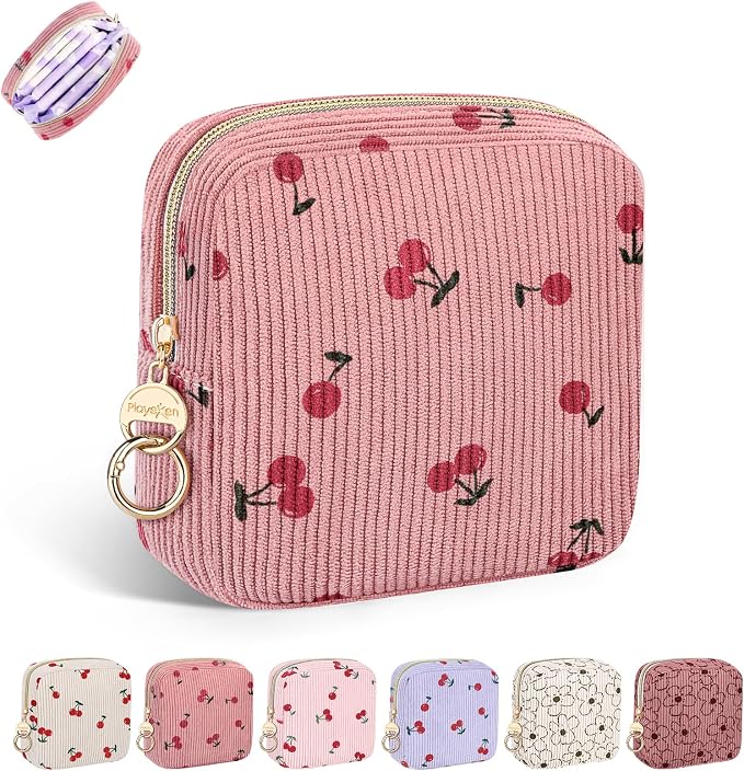 Cute Period Bag for Teen Girls, Corduroy Sanitary Napkin Storage Bag, Menstrual Pad Pouch Tampon Holder for Purse (Cherry-Pink)