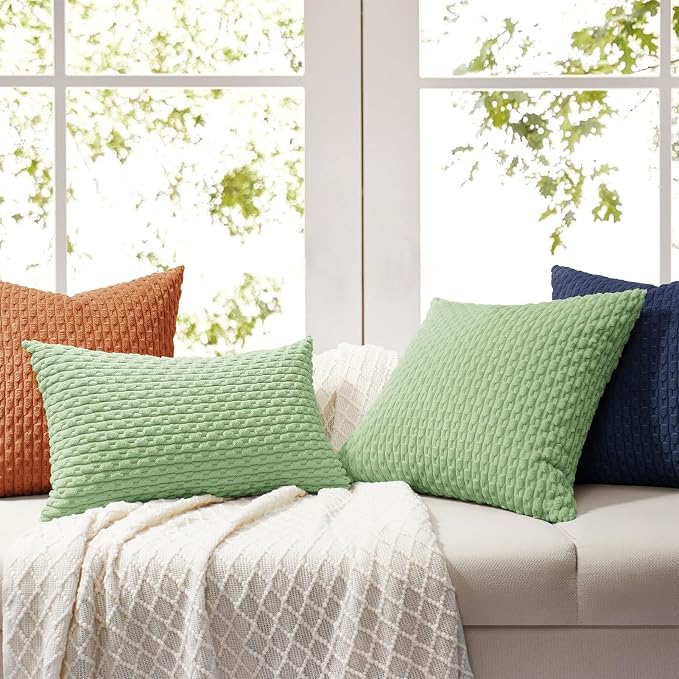 Softalker Corduroy Decorative Throw Pillow Covers 18x18, 2 Pack, Sage Green | Soft Boho Striped Pillow Cases, Couch Fluffy Cushion Covers for Farmhouse Home Decor Bed Living Room