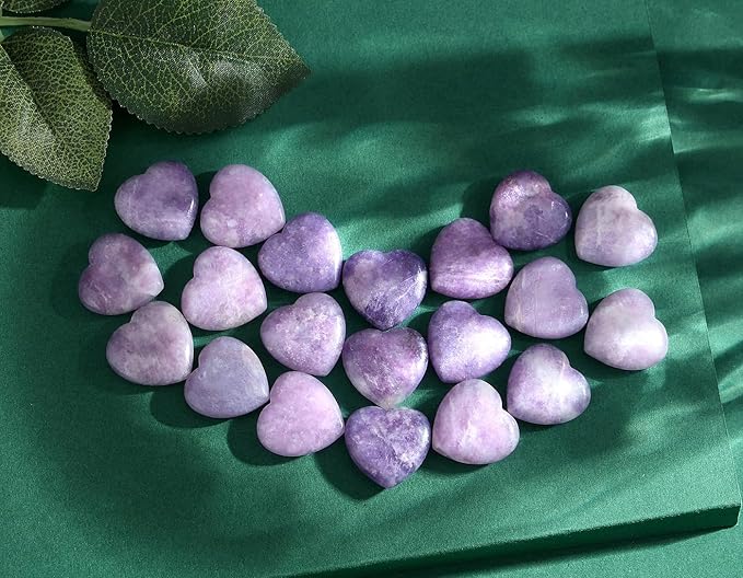 QINJIEJIE 20PCS Lepidolite Heart Stones Crystals Bulk Love Shaped Worry Stone Heart Rock Pocket Polished Palm Gems Crystal Reiki Balancing Wholesale Carved Stone Decor Gift