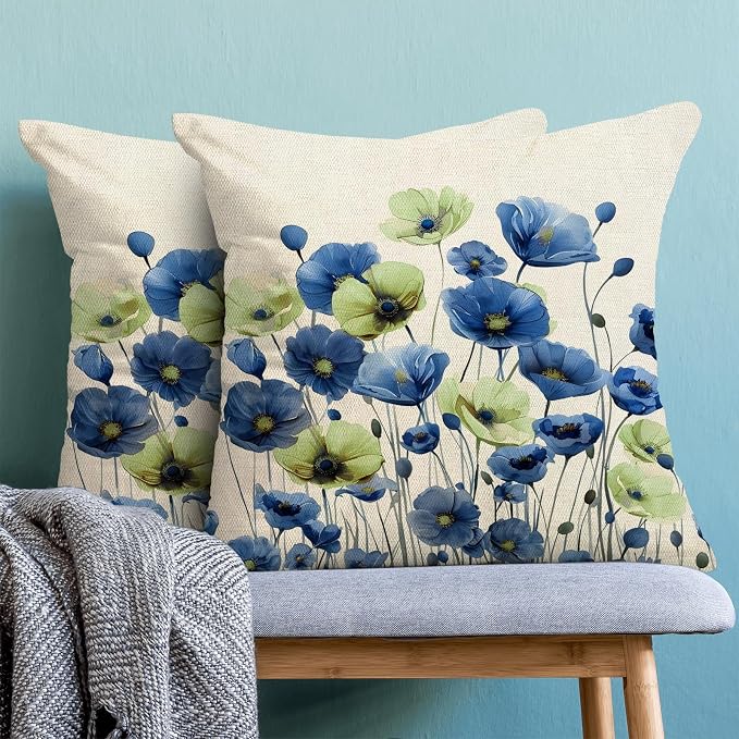 Spring Floral Pillow Covers 18x18 Set of 2 Blue Green Flower Decorative Throw Pillow Covers Decoration Summer Seasonal Pillowcase Farmhouse Decorative Cushion Cover For Couch Sofa Outdoor Decor