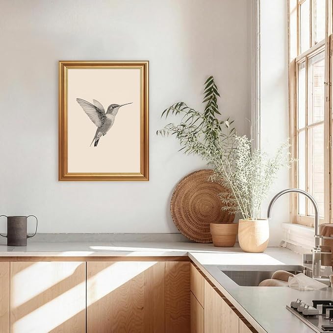JLTULT Vintage Hummingbird Wall Art, Gold-Tone Framed Canvas, 12 x 16 In | Black-and-white hummingbird art on fade-resistant canvas with a ready-to-hang gold-tone PS frame for bedrooms and offices