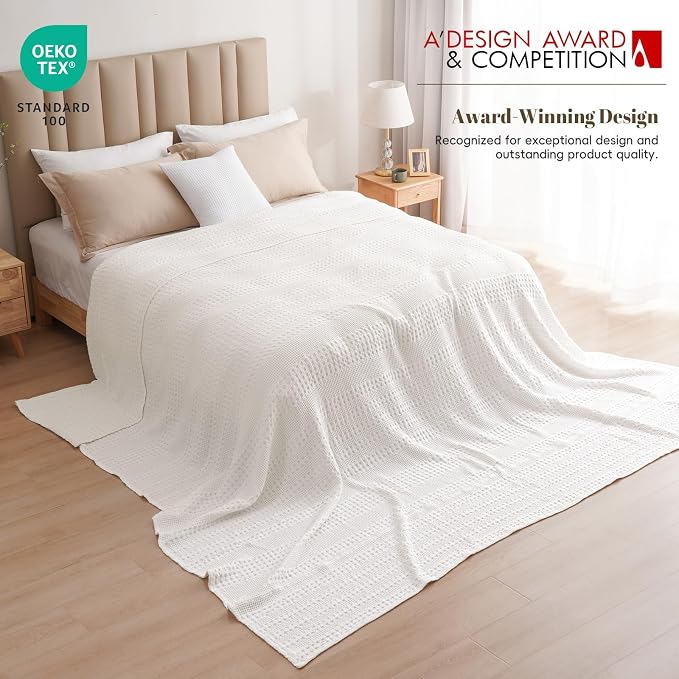 PHF 100% Cotton Waffle Blanket Oversized King 120"x120", Lightweight Breathable Extra Large 10'x10' Blankets for Bed, Giant Big Luxury Aesthetic Woven Bedding for Home Decor, White