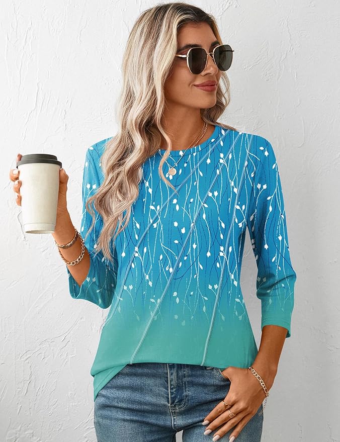 LOMON 3/4 Length Sleeve Womens Tops Spring Summer Fashion 2026 Tops Crew Neck Pleated Shirts Tunic Top Loose Fit