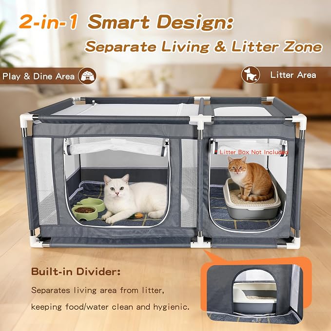 2-in-1 Cat Playpen 46x29.5x23in Enclosure with Litter Box Area