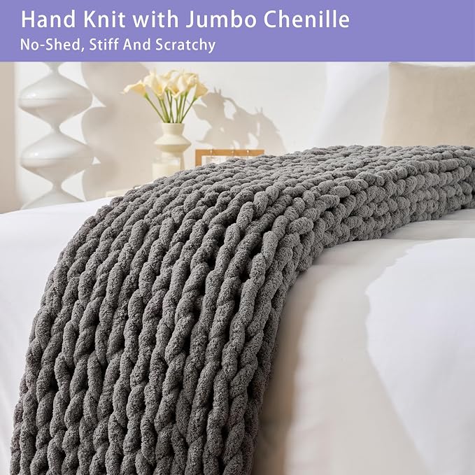 Bigacogo Chunky Knit Throw Blanket for Couch, 51x63 inches, Slate Gray | Hand Knit with Jumbo Chenille, Soft Breathable Cable Knit for Sofa Bed Living Room, Machine Washable, Gift for Mom Friend