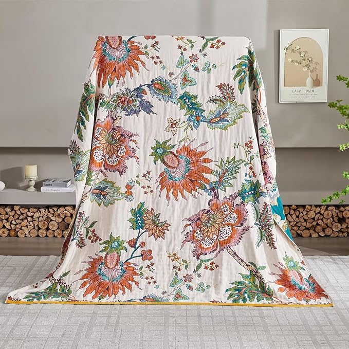 Boho Throw Blanket for Bed 100% Cotton Bohemian Blankets Ultra Soft Woven Muslin Decorative Blankets All Seasons Vintage Quilt Knitted Blanket for Sofa Chair(Beige, 80"x90")