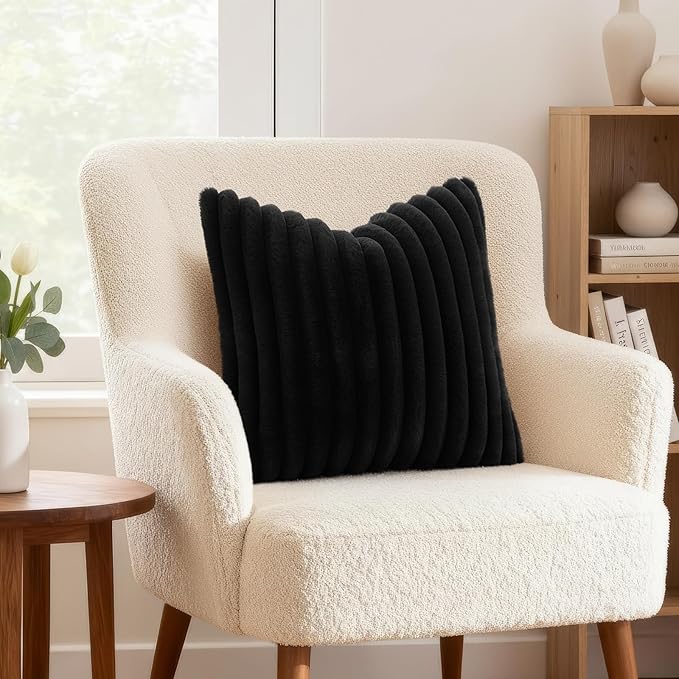 decorUhome Fall Faux Fur Throw Pillow Covers 22x22 Set of 2 Black | Decorative Soft Cozy Striped Plush Modern Farmhouse Boho Couch Pillow Cases Velvet Back for Sofa Bed Living Room Home Decor
