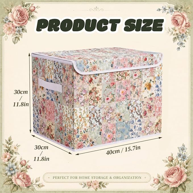Briwooody Vintage Floral Storage Bin with Lid and Carrying Handle Retro Flower Foldable Storage Box Large Farmhouse Decorative Collapsible Container Basket for Organizing Closet Home Bedroom Gift
