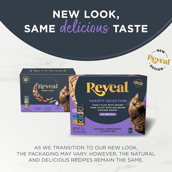 Reveal Natural Wet Cat Food, 12 Count, Grain Free, Limited Ingredient Cat Food Pouches, Fish and Chicken Variety in Broth, 2.47 oz Pouches (Pack of 2)
