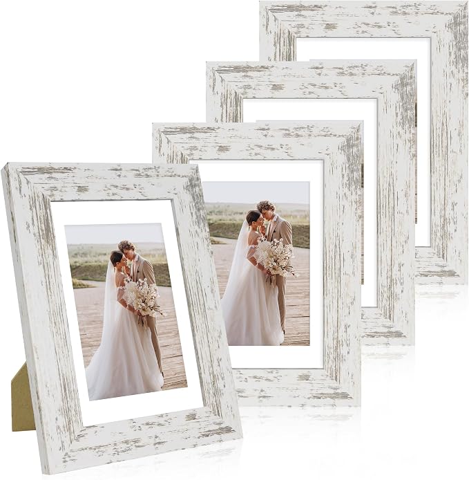 Hongkee 4x6 Picture Frame Set of 4, Made of Real Glass and Distressed White Wooden Frame, 4 by 6 Photo for Wall or Tabletop - Display Picture 3.5x5 with Mat or 4x6 Without Mat