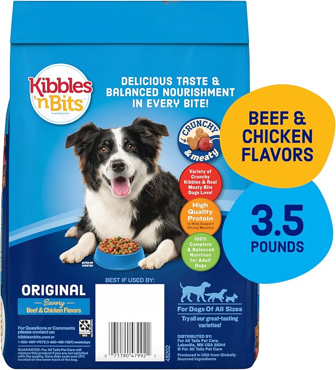 Kibbles 'n Bits Original Dry Dog Food, Beef & Chicken Flavors, 3.5 lb. Bag | Complete & Balanced Nutrition Formulated For Adult Dogs With Essential Vitamins & Minerals, Crunchy Kibble Pieces