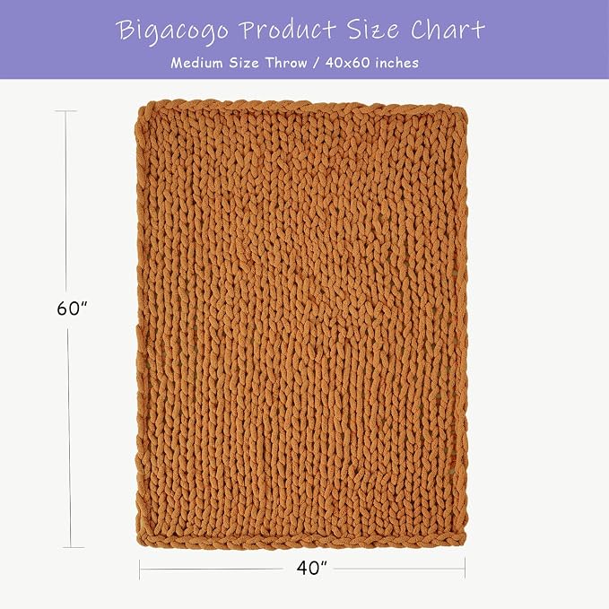 Bigacogo Chunky Knit Throw Blanket for Couch, 40x60 inches, Burnt Orange | Hand Knit with Jumbo Chenille, Soft Breathable Cable Knit for Sofa Bed Living Room, Machine Washable, Gift for Mom Friend