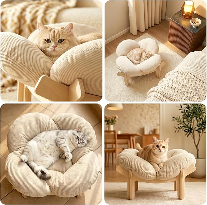 Elevated Flower Cat Bed Wooden Removable Cushion for Indoor Cats Small Dogs | Pet Couch Sofa with Fluffy Cushion, Raised Kitty Lounge Chair Suitable for Puppy, Modern Cat Furniture (White)