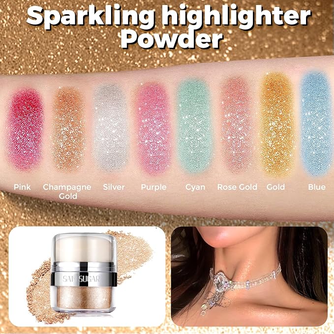 Body Shimmer Powder, Body Glitter Powder with Sponge Head, 3D Contour & Long Lasting Luminous, Glow Highlighter Makeup for Face, Eyes, Hair, Perfect for Daily, Party (Champagne Gold, 1.13 Oz)
