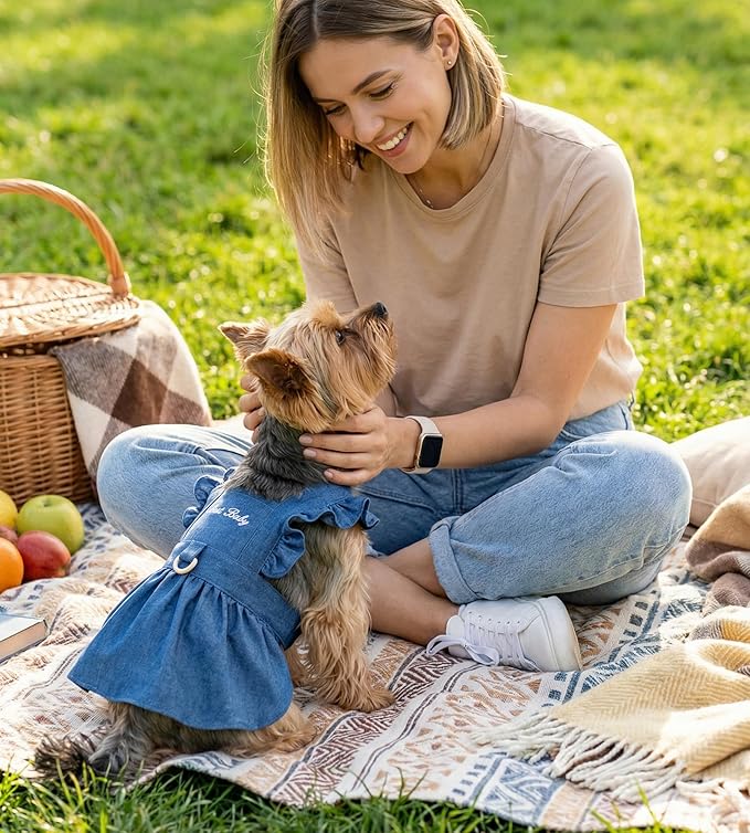 Denim Cat Dog Dress Clothes for Small Dogs with Leash Ring Summer Girl Small Dog Clothes Outfit Belly Velcro Fastening Cat Outfits&Apparel for Girl
