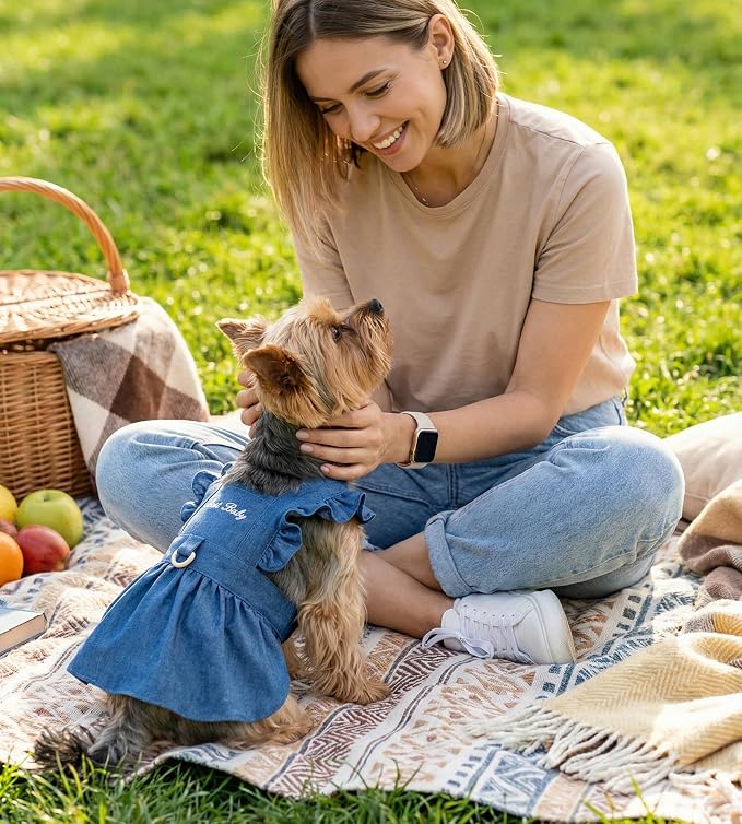 Denim Cat Dog Dress Clothes for Small Dogs with Leash Ring Summer Girl Small Dog Clothes Outfit Belly Velcro Fastening Cat Outfits&Apparel for Girl