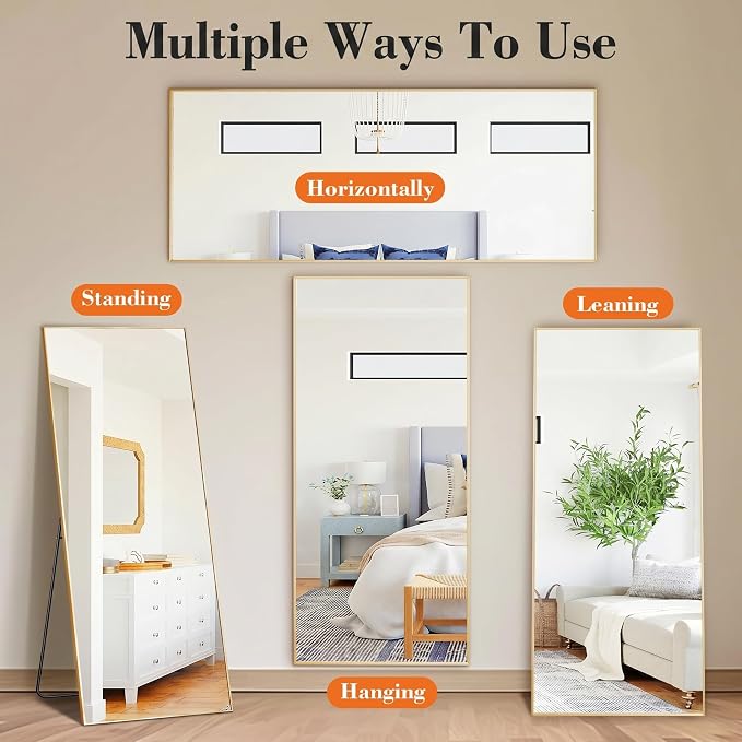DUMOS 63"x20" Full Length Floor Mirror, Full Body Mirror | Free Standing or Wall Mount, Nano Glass Aluminum Frame, Hanging or Leaning, Modern Simple Home Decor, Gold