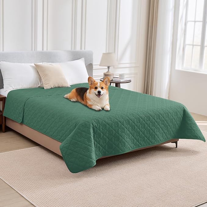 PAWFINITY Waterproof Bed Cover for Dogs, Pet Blanket for Mattress Washable | Paw Print Quilted, Hair Resistant, Anti Cat Scratch, Pee Proof Furniture Protector for Queen Size Bed, 68x82 Inch, Green