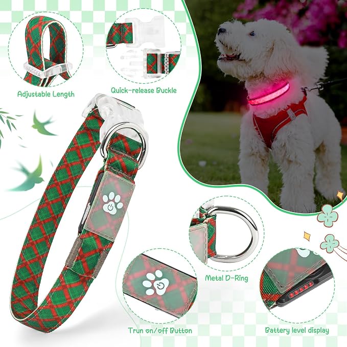 Light up Dog Collar Rechargable - Multicolor LED Dog Collar, 7 Colors Safety Dog Lights with Battery Indicator, Waterproof and Adjustable Argyle Print Glow Collar for Dogs(Festive Plaid, M)