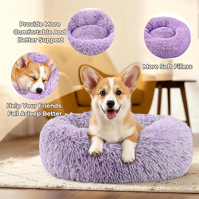 Calming Donut Dog Bed for Small Dogs, Anti-Anxiety Round Washable Plush Fluffy Faux Fur Large Cat Bed, 24 inches Fits up to 25 lbs Pets, Anti-Slip Waterproof Mute Base Purple