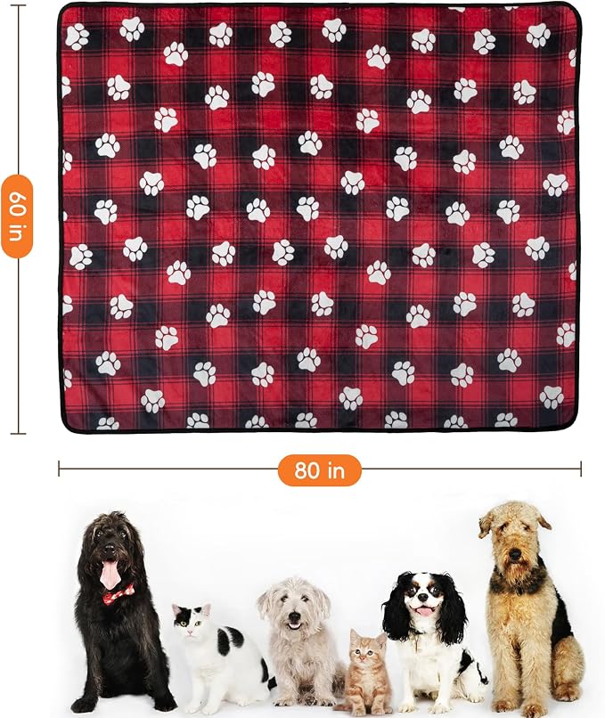 Washable Waterproof Dog Blankets for Large Dogs 60"x80" | Soft Fluffy Pet Blanket for Couch Sofa Car Crate Bed Protector, Reversible Sherpa Fleece Christmas Dog Blanket, Paw Red