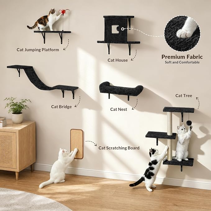 Cat Wall Shelves, 6 in 1 Cat Wall Furniture Set with Condos House, Bed, Bridge, Tree, Steps, Scratching Board, DIY Walls Playground for Indoor (Black)