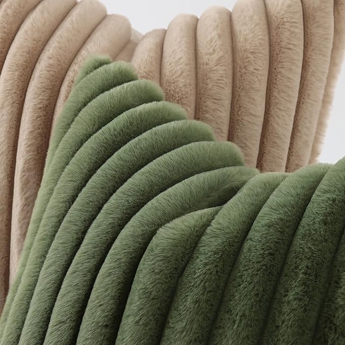 decorUhome Fall Faux Fur Throw Pillow Covers 20x20 Set of 2 Olive Green | Decorative Soft Cozy Striped Plush Modern Farmhouse Boho Couch Pillow Cases Velvet Back for Sofa Bed Living Room Home Decor