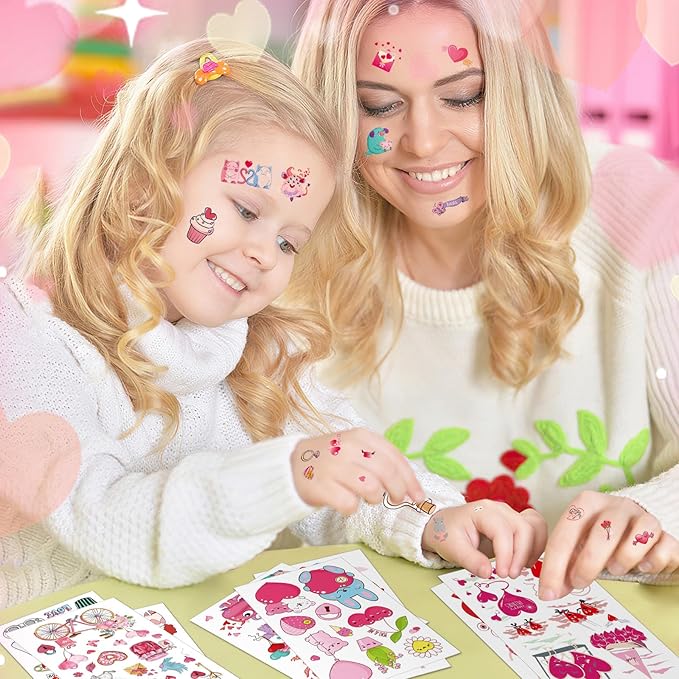 JUNEBRUSHS Holiday Temporary Tattoos, 20 Sheets Kid Stickers Water-Repellent Makeup for Exchange Gift Filler Boys Girls Party Favors Heart Love Decorations