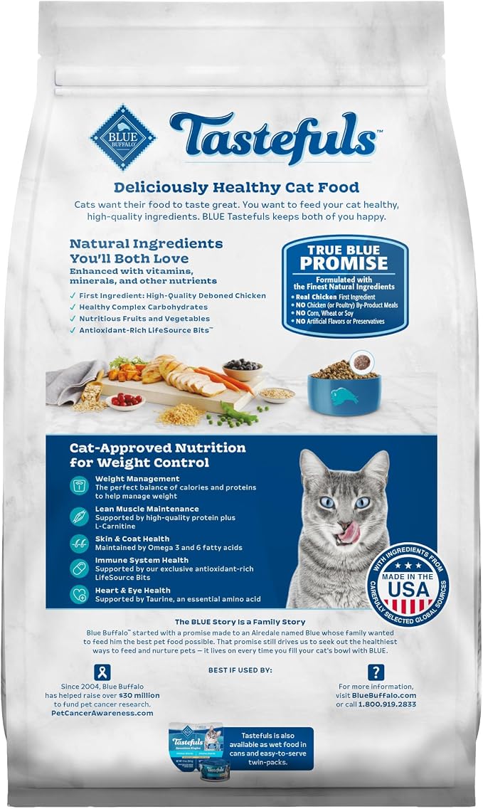 Blue Buffalo Tastefuls Chicken Weight Control Dry Cat Food, 3 lb | Real Chicken First, Adult Formula, No Chicken By-Product, Corn, Wheat, or Soy