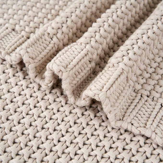 Chunky Cable Knit Throw Blanket Lightweight Beige 100% Organic Cotton Blanket for Sofa Couch Bed Baby Nursery, Rustic Shabby Chic Modern Farmhouse, 60” x 80”