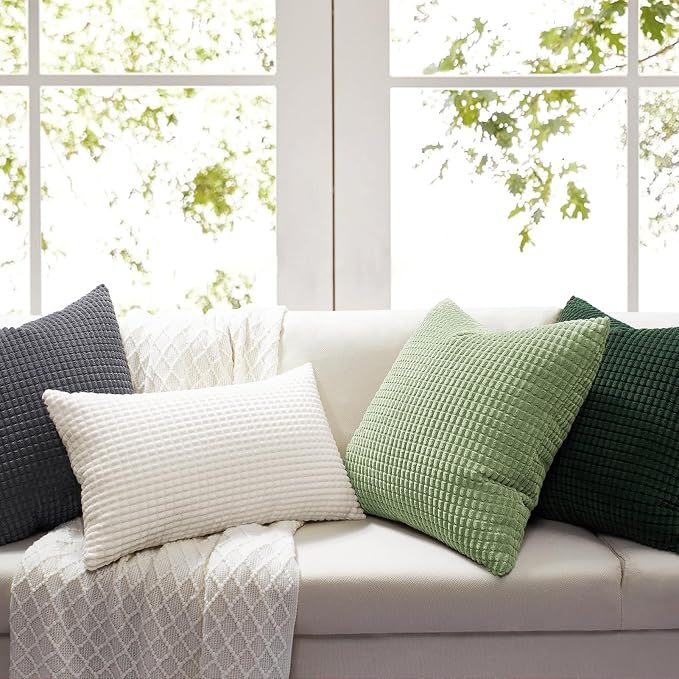 Softalker Corduroy Decorative Throw Pillow Covers 18x18, 2 Pack, Sage Green | Soft Boho Striped Pillow Cases, Couch Fluffy Cushion Covers for Farmhouse Home Decor Bed Living Room