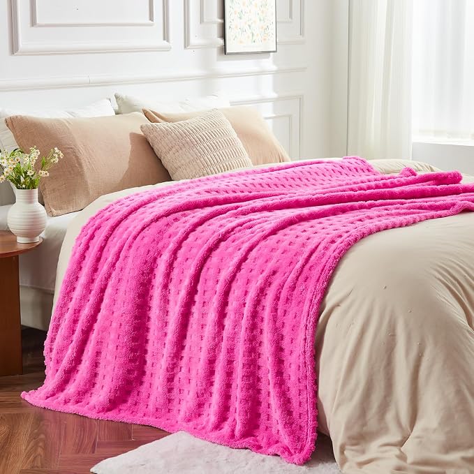 NEWCOSPLAY 3D Waffle Checkered Flannel Queen Blanket, Hot Pink, 90"x90" | Super Soft Cute Lightweight Decorative Premium Silky Fleece Blanket for Couch Sofa Bed, Gift for Women Men, All Season Use