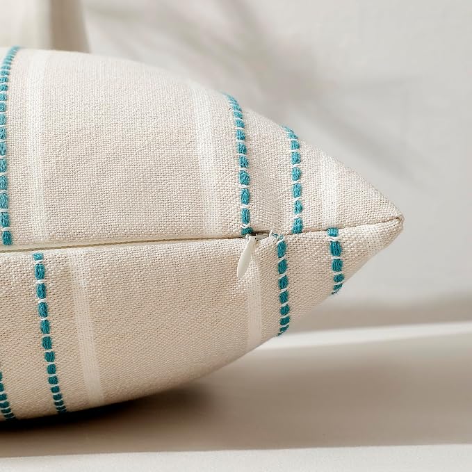 Hckot Stripe Throw Pillow Covers 18x18 Set of 2 Teal Blue Pillow Covers | Farmhouse Decorative Pillows Textured Linen Square Cushion Covers for Sofa Couch Bed Living Room Decor