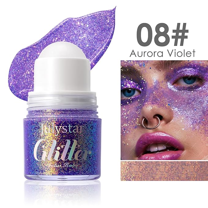 2 Pcs Roll-on Body Glitter Gel Glitter Stick, Long Lasting Mermaid Shine Hair Eyeshadow Face Body Glitter Sequins Concerts Music Festivals Halloween Party Looks Sparkle Shimmer Makeup